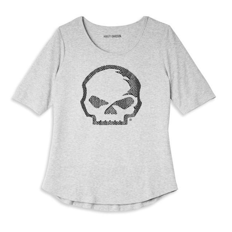 Women's Wille G Skull Scoop Neck Graphic Tee with Rhinestones, Grey