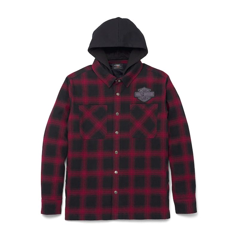 Men's Bar & Shield Removable Hood Plaid Shirt Jacket