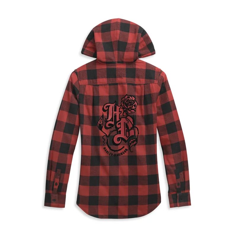 Harley-Davidson Women's Roses Hooded Plaid Shirt - Red & Black