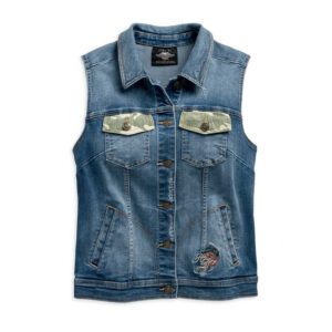 Women’s Camo & Studs Accent Distressed Denim Vest