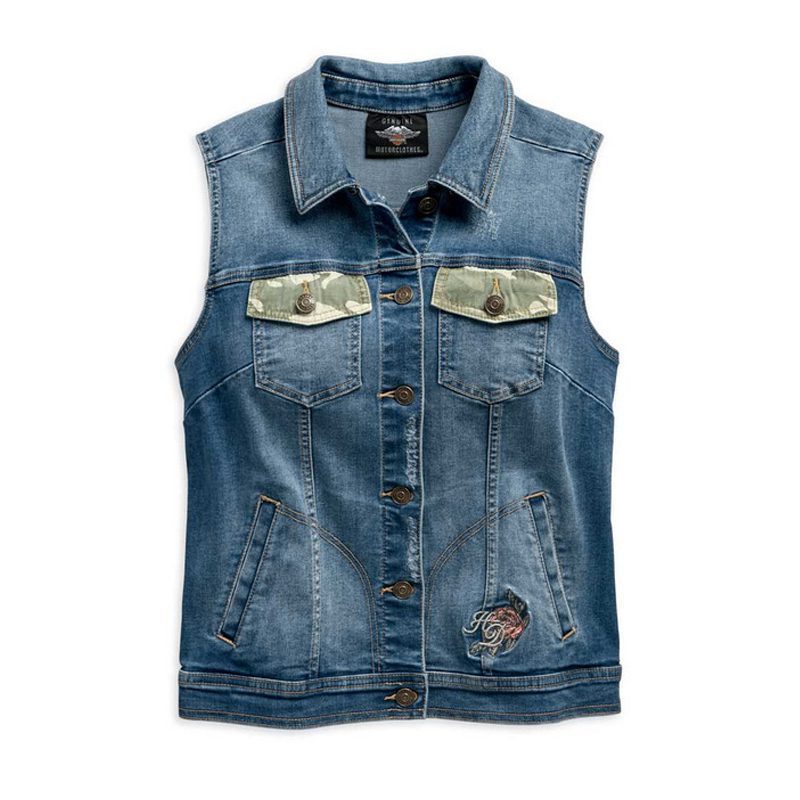 Women’s Camo & Studs Accent Distressed Denim Vest Women’s Camo & Studs Accent Distressed Denim Vest