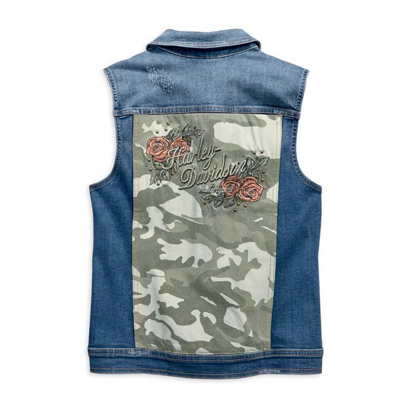 Women’s Camo & Studs Accent Distressed Denim Vest