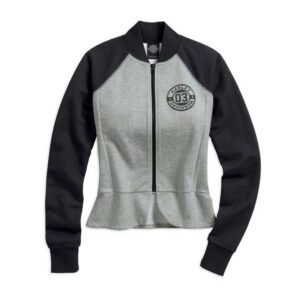 Women's Peplum Zip-Front Long Sleeve Top, Slim Fit, Gray.