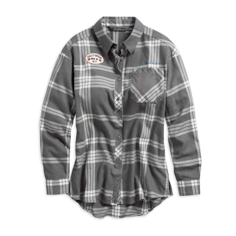 Women's Eagle Graphic Plaid Long Sleeve Shirt, Gray Women's Eagle Graphic Plaid Long Sleeve Shirt, Gray