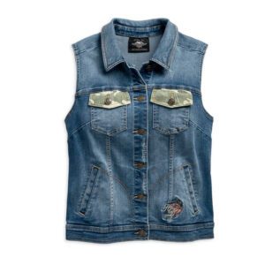 Women’s Camo & Studs Accent Distressed Denim Vest