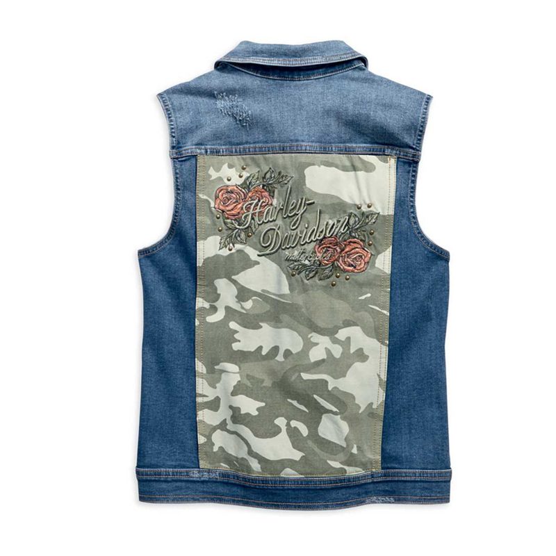 Women’s Camo & Studs Accent Distressed Denim Vest