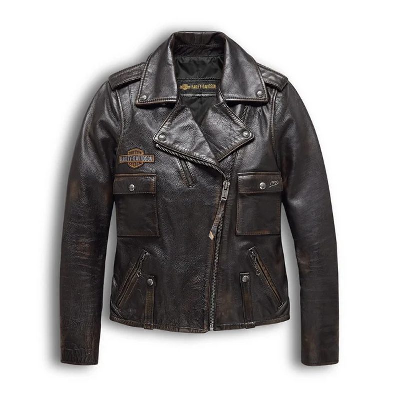 Women's Eagle Logo Distressed Leather Biker Jacket Women's Eagle Logo Distressed Leather Biker Jacket