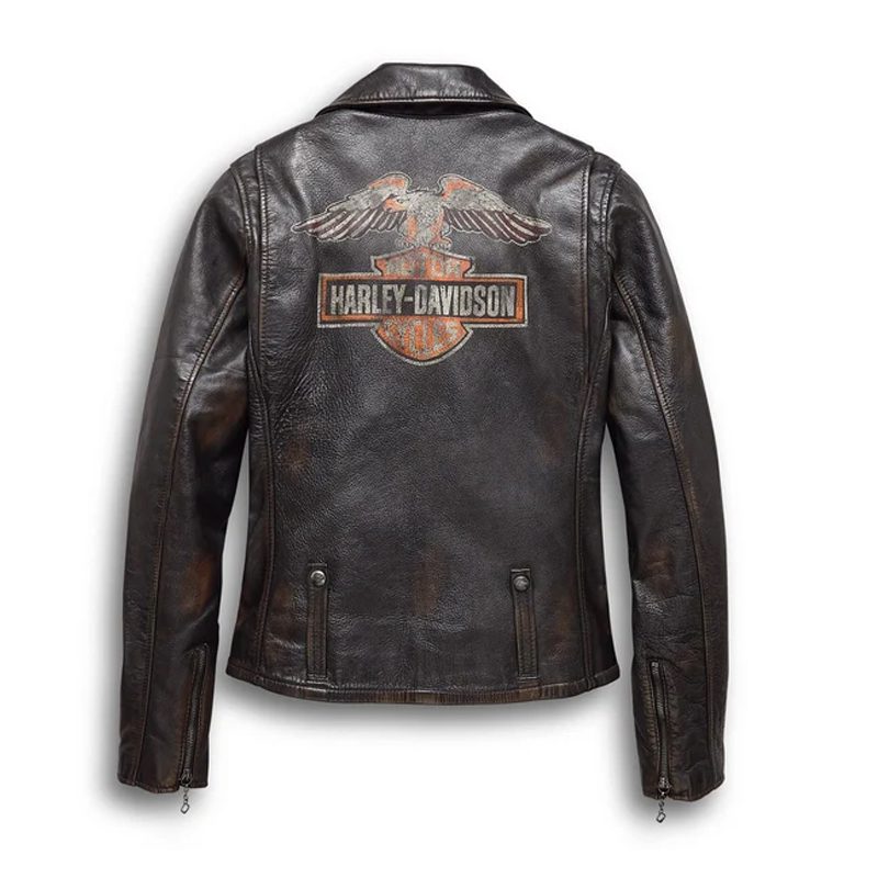 Women's Eagle Logo Distressed Leather Biker Jacket