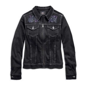 Women's Embroidered Rose Black Denim Casual Jacket