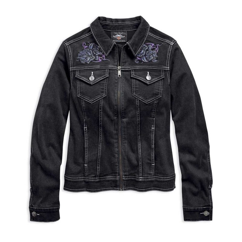Women's Embroidered Rose Black Denim Casual Jacket Women's Embroidered Rose Black Denim Casual Jacket