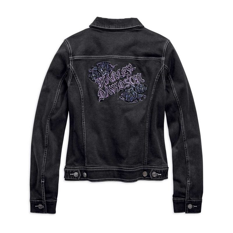 Women's Embroidered Rose Black Denim Casual Jacket