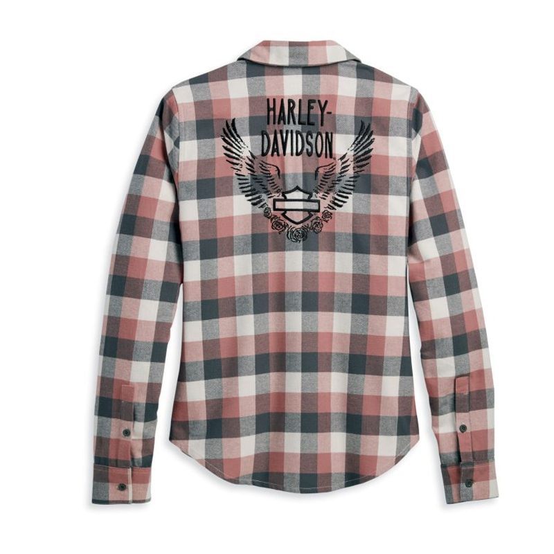 Women's Retro Winged Flannel Shirt - YD Plaid - Ash Rose