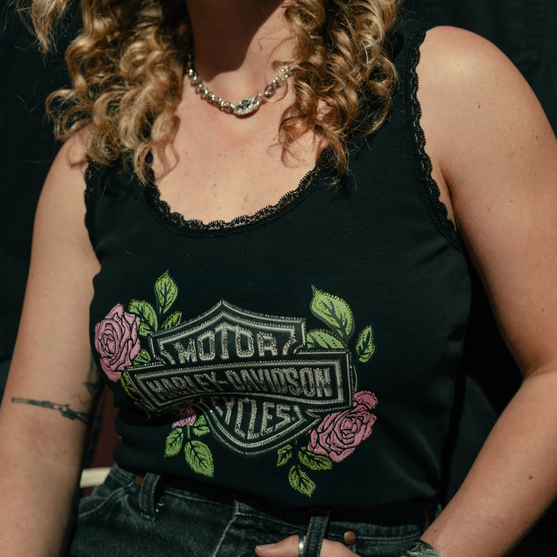 Rose & Thorn Bling Lace Trim Tank